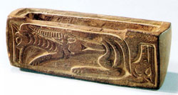 Timber box with wolf and sheep pattern unearthed from grave no. 64 at the Zaghanluq cemetery and now displayed in Toghraklek Villa, Qiemo.